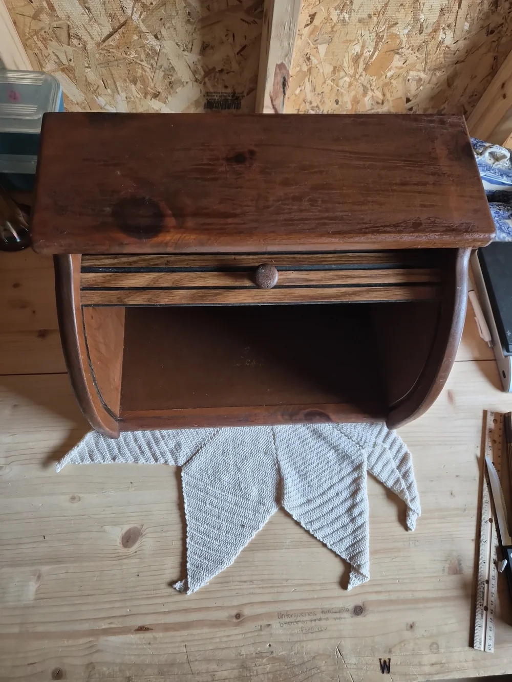 Vintage Wooden Roll-Top Bread Box in Warm Brown